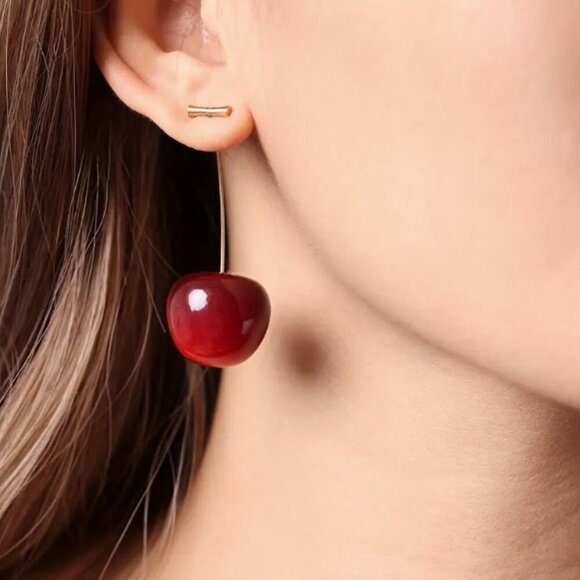 NWT Glossy Resin Cherry Earrings 3D Fruit Dangle Statement Jewelry Y2k Kawaii - Picture 5 of 6
